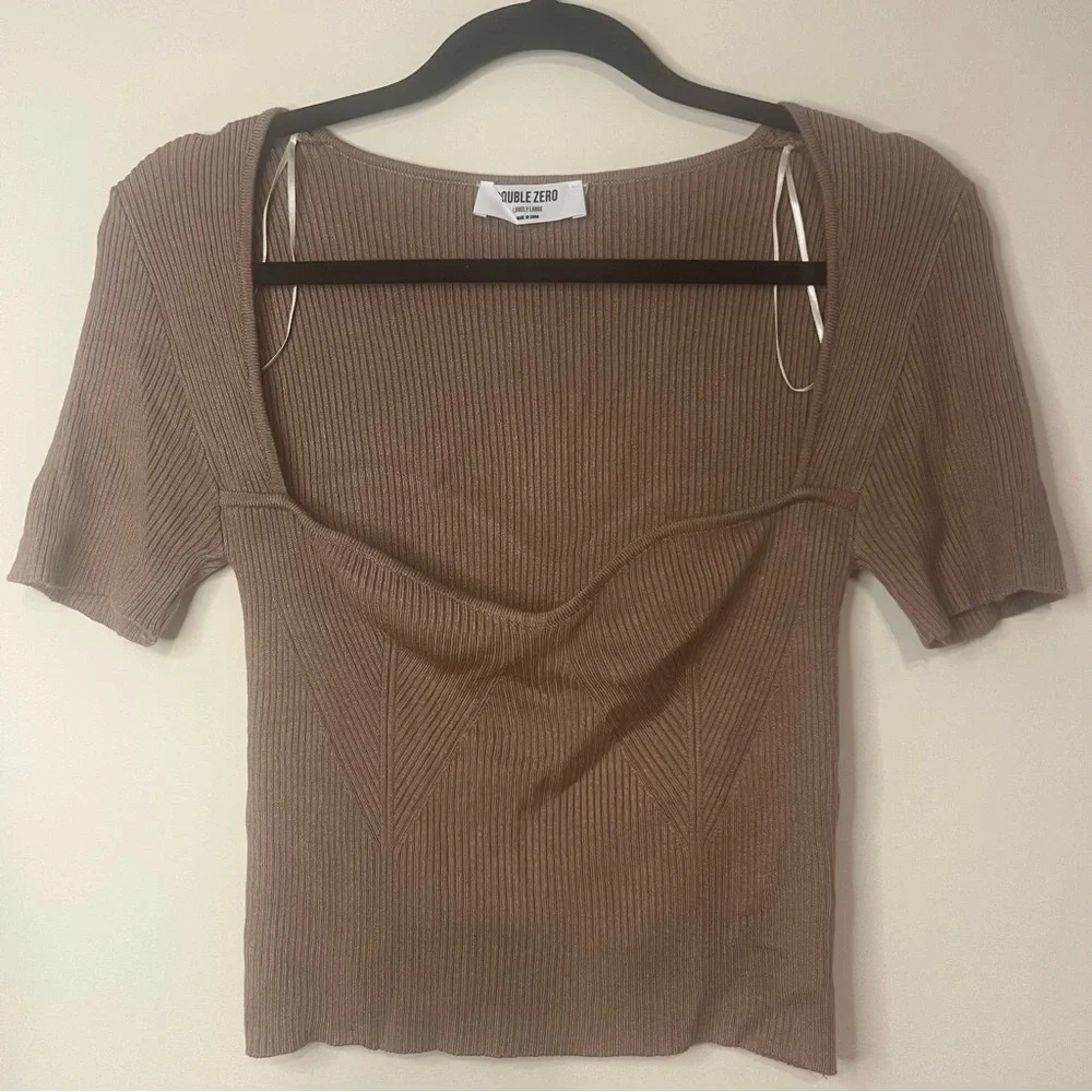 DOUBLE ZERO Cozy Ribbed Beige Short Sleeve Crop Top